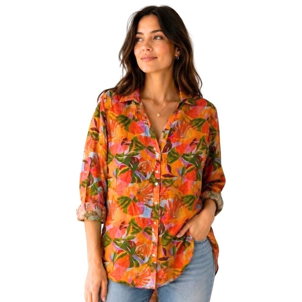 C&C California 100% Linen Tropical Floral Print Button Front Shirt Women's XL